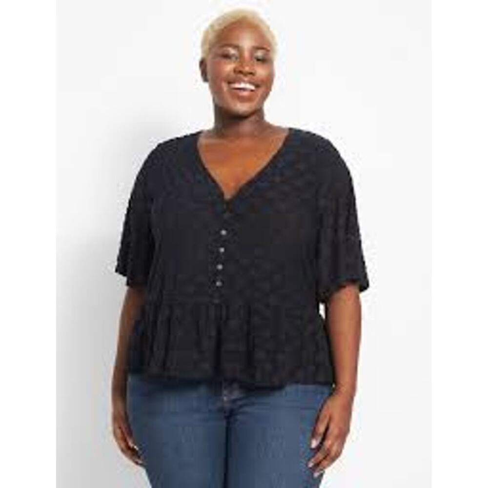 Lane Bryant Navy Blue V Neck Button Top Womens Size 22/24 Star Flutter Sleeve